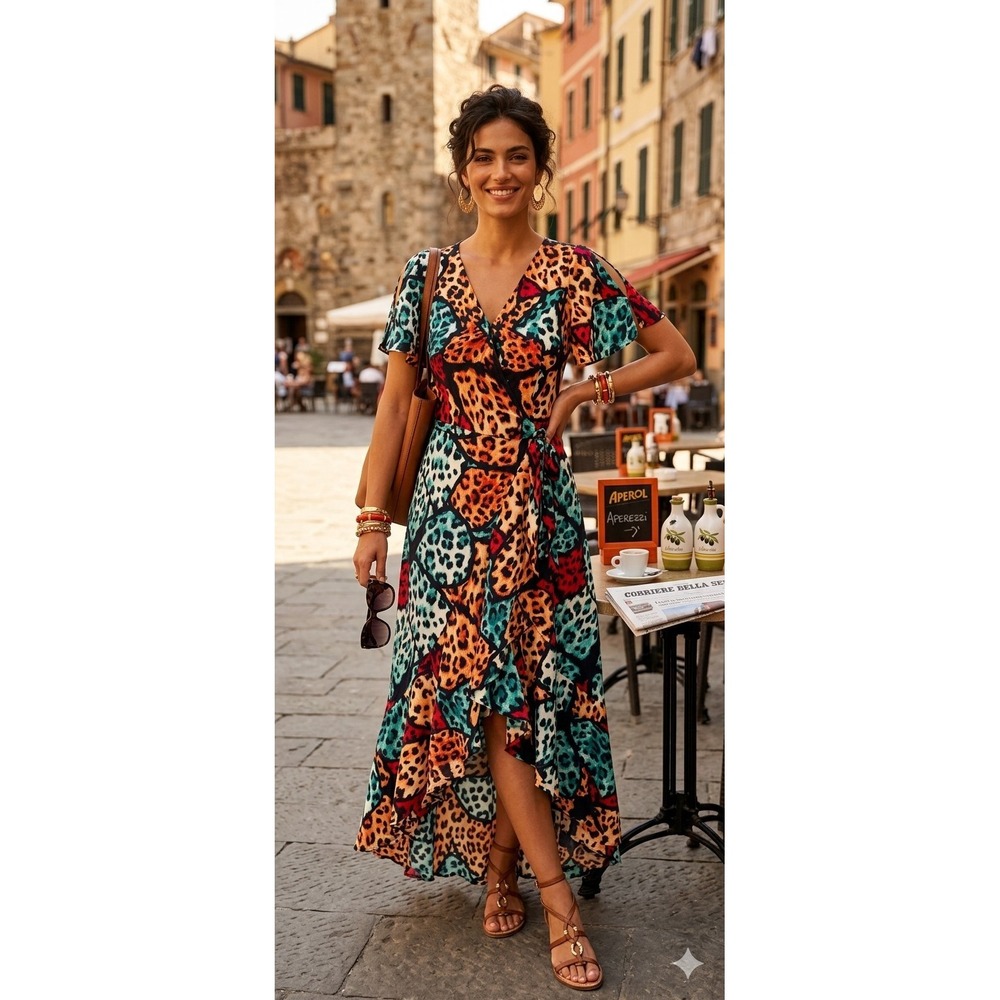 Petal Roz Flutter Sleeve High Low Ruffle Wrap dress Animal Print Size L Colorful